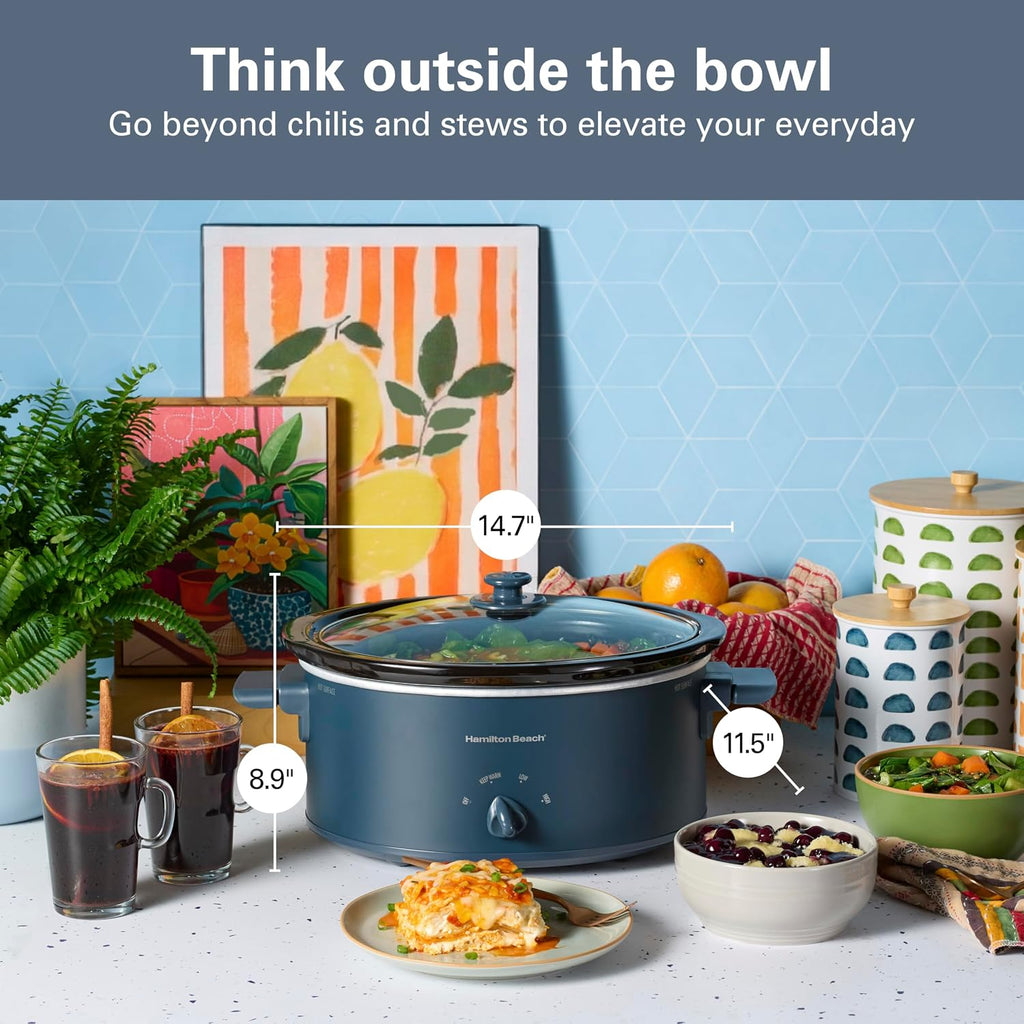 Hamilton Beach 6 Quart Slow Cooker With Space-Saving Folding Handles | 3 Heat Settings | Dishwasher Safe Stoneware Crock & Glass Lid | Kitchen Makeover Blue | 33608