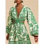 Floerns Women'S Tropical Bishop Sleeve Mini Dress Cut Out Tie Back V Neck Beach A Line Dresses