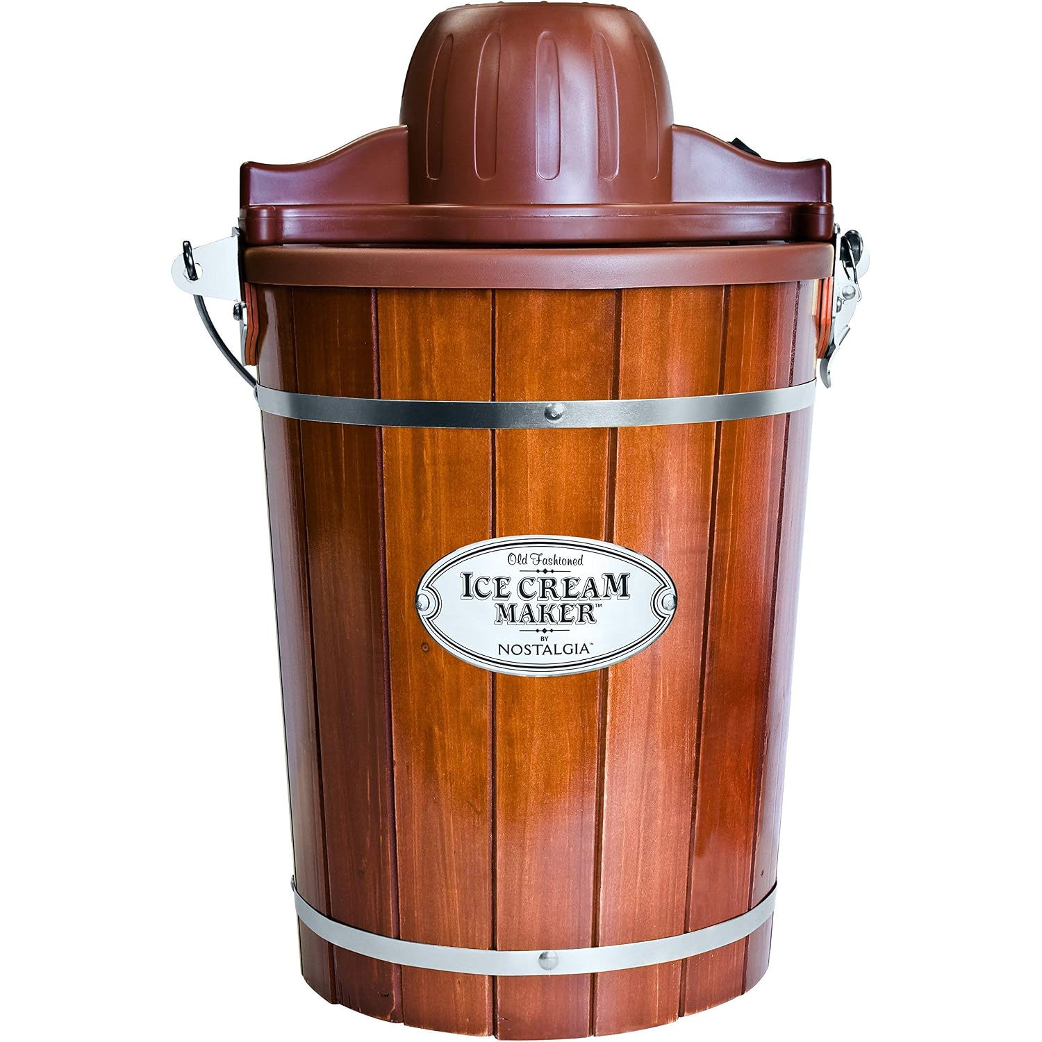 Nostalgia Electric Ice Cream Maker With 6 Qt Capacity - Old Fashioned Ice Cream Machine Makes Frozen Yogurt Or Gelato In Minutes- Vintage Wooden Style Ice Cream Maker With Aluminum Canister- Dark Wood