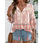 Rapbin Women Summer Boho Tops 3/4 Sleeve Pleated Blouses Casual V Neck Tie Front Spring Tunic Tops