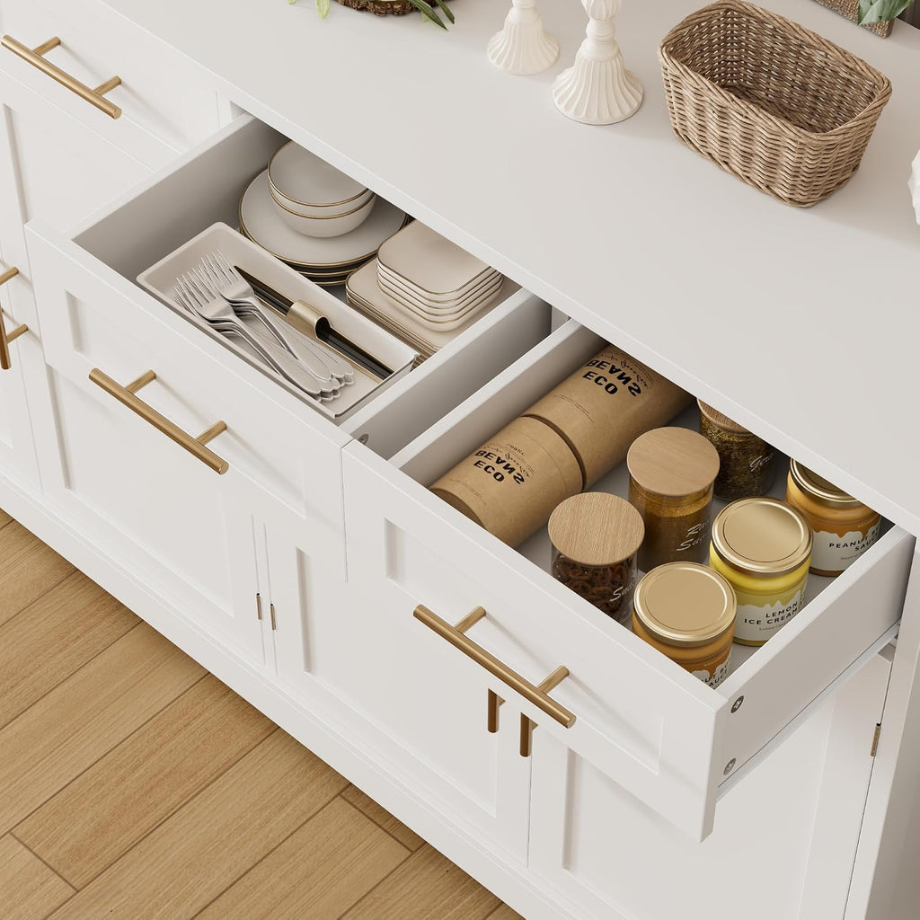 Hostack 60" W Sideboard Buffet Cabinet With Storage, Kitchen Cabinet, White | 36" Tall Kitchen Buffet Storage Cabinet With 4 Drawers, Large Coffee Bar Cabinet, Modern Buffet Table For Dining Living Room