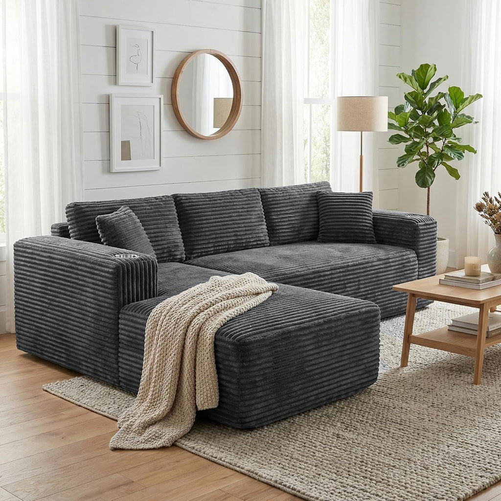 Shintenchi 103" Boneless Couches For Living Room With 2 Cup Holders,L Shaped Modular Sectional Sofa Set,No Assembly Needed Plush Corduroy Living Room Set,Dark Gray