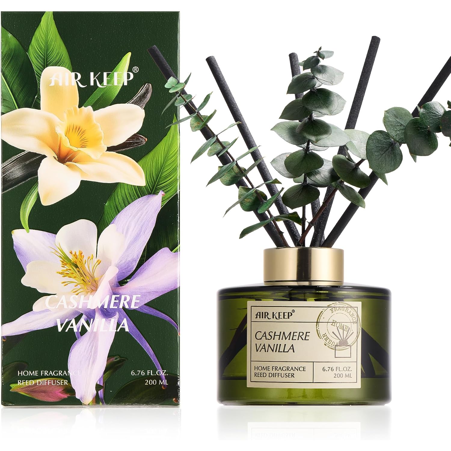 Reed Diffuser Set With 6.76 Fl Oz Cashmere Vanilla Scent Essential Oils And 3 Leaves & 8 Diffuser Sticks,Bathroom Shelf Decor & Air Freshener, House Bedroom Office Decor & Gifts
