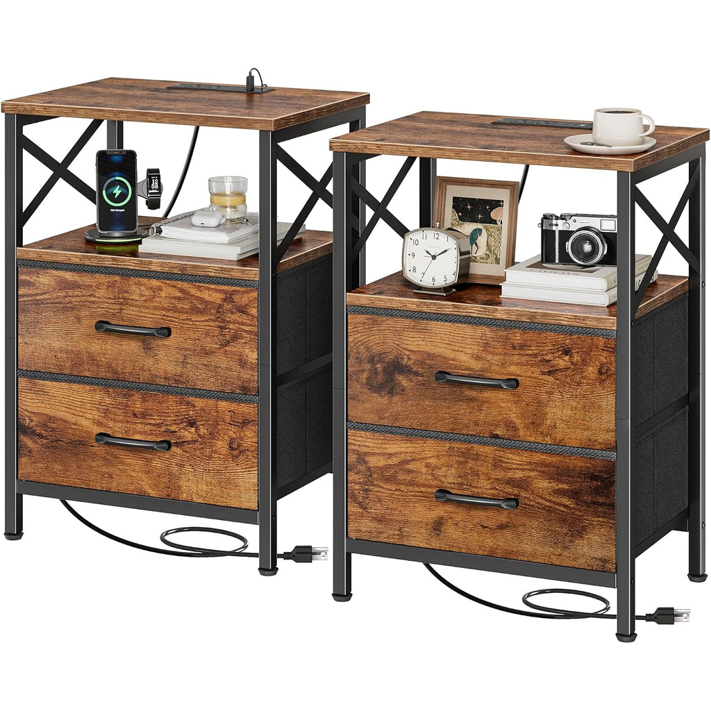 Huuger Nightstands Set Of 2, Night Stand With Charger Station, 2 Drawer Side Table With Open Shelf, Usb-C Port, End Table For Small Spaces, X Shaped Side Rail, Rustic Brown