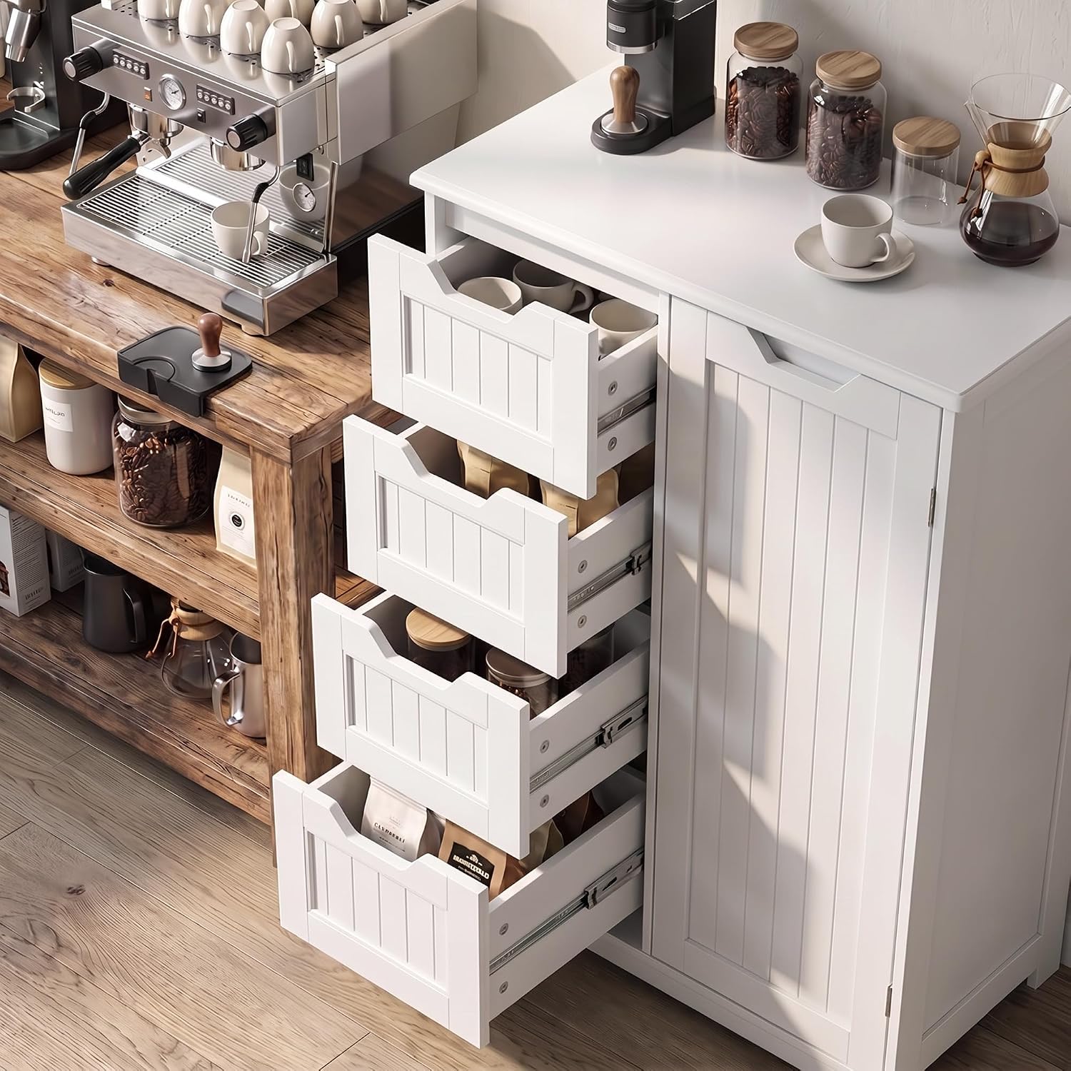 Gizoon Small Kitchen Coffee Bar Cabinet With Door And Shelves, Kitchen Sideboard Buffet Cabinet With 4 Drawers Small Pantry For Kitchen And Living Room, White, Painted