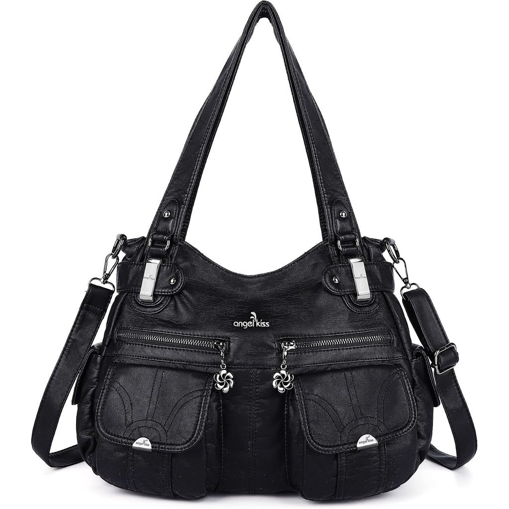 Angel Kiss Women'S Designer Handbag Large Double Zipper Multi Pocket Washed Leather Purse