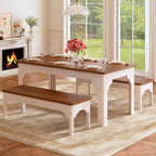 63" Farmhouse Dining Table Set For 4-6, Kitchen Table With 2 Benches, Space Saving 3-Piece Rectangle Wooden Dinette Table Set For Dining Room, Breakfast Nook, Small Space, Brown & White