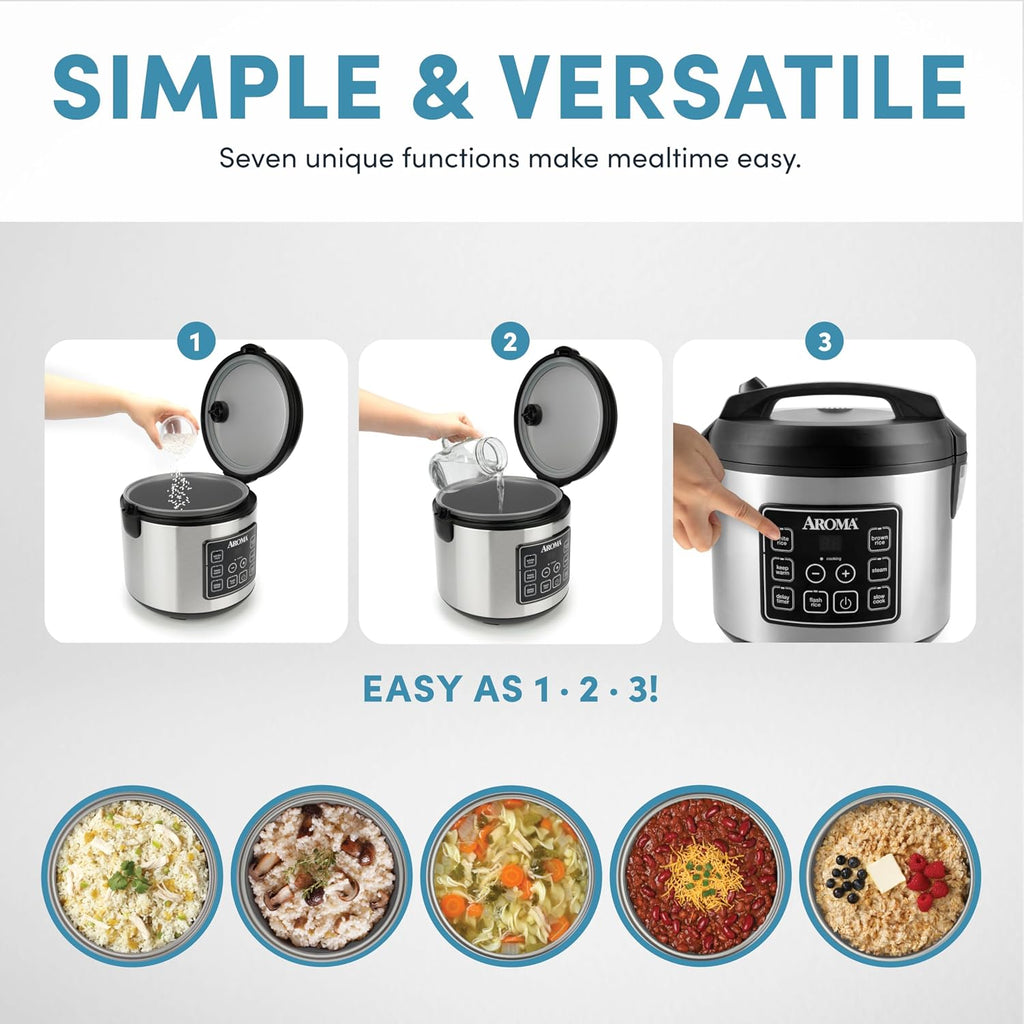 Aroma Housewares 20 Cup Cooked (10 Cup Uncooked) Digital Rice Cooker, Slow Cooker, Food Steamer, Ss Exterior (Arc-150Sb),Black