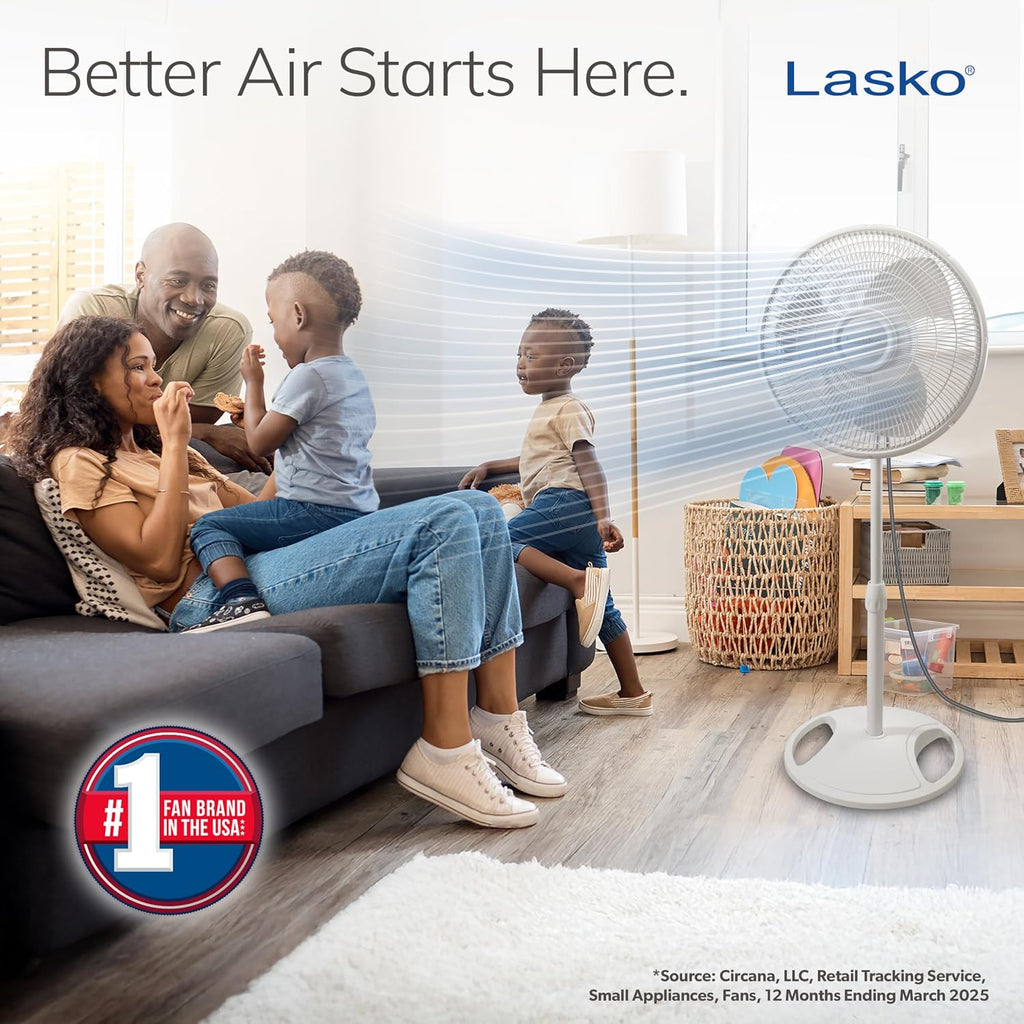 Lasko Oscillating Pedestal Fan - Cooling Standing Fan For Bedroom, Living Room, And Home Office - Adjustable Height - 3 Quiet Speeds - 2520 - 16" Blade Diameter - White