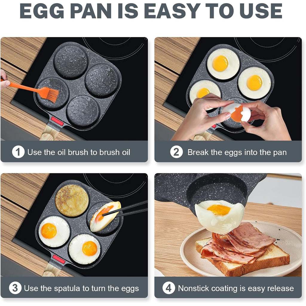 4‑Cup Nonstick Egg Pan Set With Lid – Aluminum Omelette Skillet For Breakfast, Includes Silicone Scraper, Oil Brush, Chopsticks & Cleaning Cloth – Compatible With Gas & Induction Cooktops (Black)