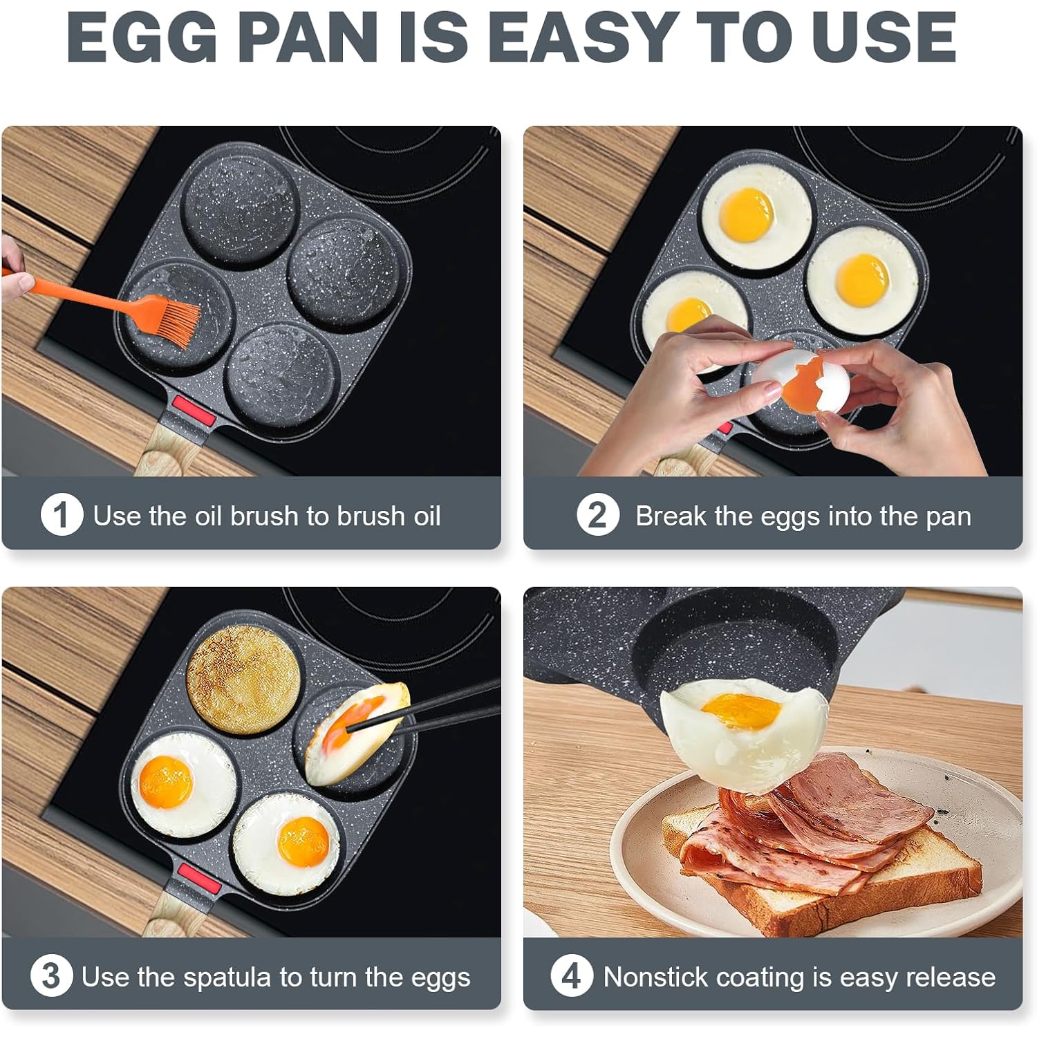 4‑Cup Nonstick Egg Pan Set with Lid – Aluminum Omelette Skillet for Breakfast, Includes Silicone Scraper, Oil Brush, Chopsticks & Cleaning Cloth – Compatible with Gas & Induction Cooktops (Black)