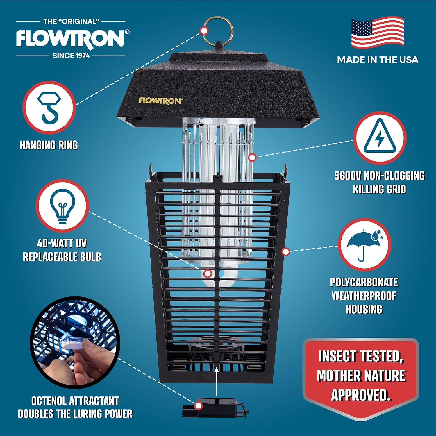 Flowtron Bug Zapper, 1 Acre Outdoor, 40W Uv Bulb, 5600V, Octenol Attractant | Bug Zapper For Backyards, Patios, And Farms - Uv Plus Octenol Lure Clears Mosquitoes, Flies, And Gnats - Ul And Etl Certified