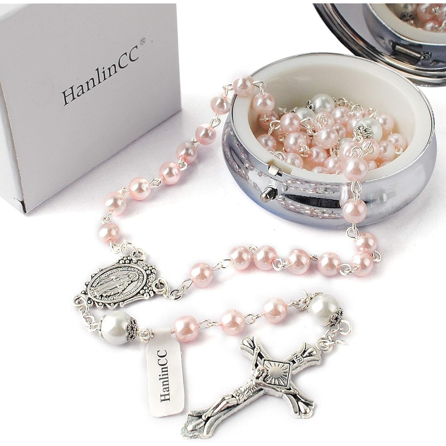 HanlinCC 6mm Glass Pearl Beads with 8mm Our Father Beads with Caps Rosary Pack in Miraculous Metal Gift Box