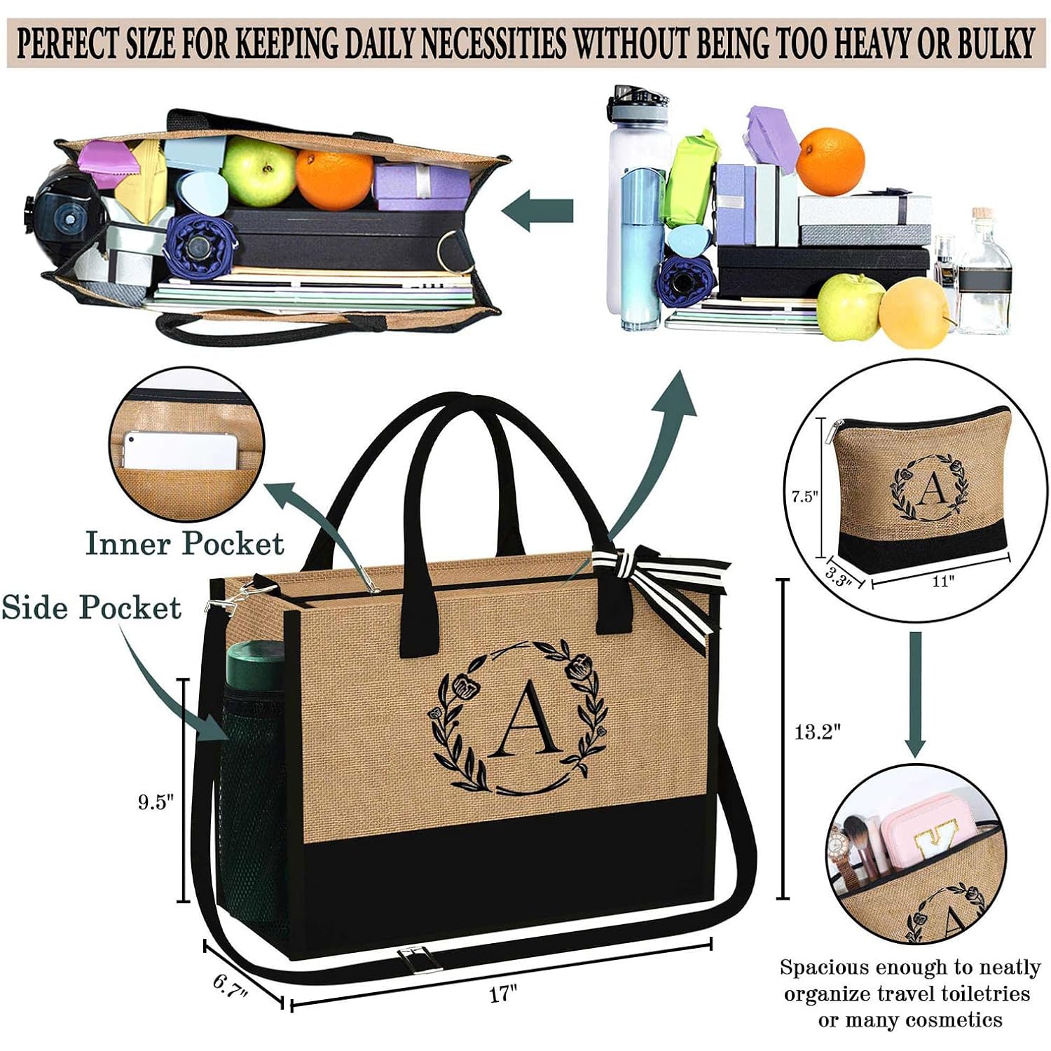 YOOLIFE Personalized Gifts for Women - Initial Jute Tote Bag & Makeup Bag, Birthday Gifts for Women Mom Wife Teacher Friend