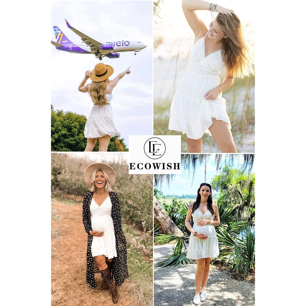 Ecowish Summer Dresses For Women 2026 V-Neck Spaghetti Strap Bowknot Backless Sleeveless Lace Mini Swing Skater Dress