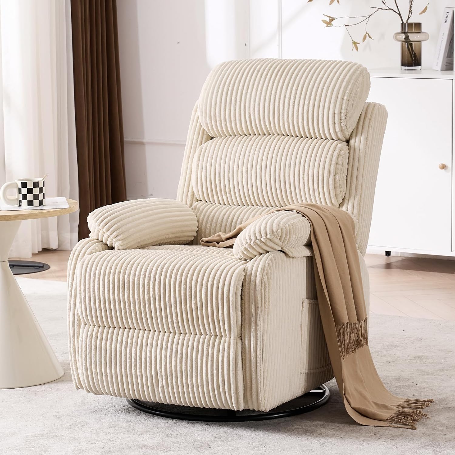 Adult 360° Rocking Recliner Chair，Nursery Rocker Reclining Chair With Side Pocket, A Comfy Upholstered Single Sofa Armchair. Suitable For Living Room, Bedroom Nursing Use, Velvet Fabric In Beige