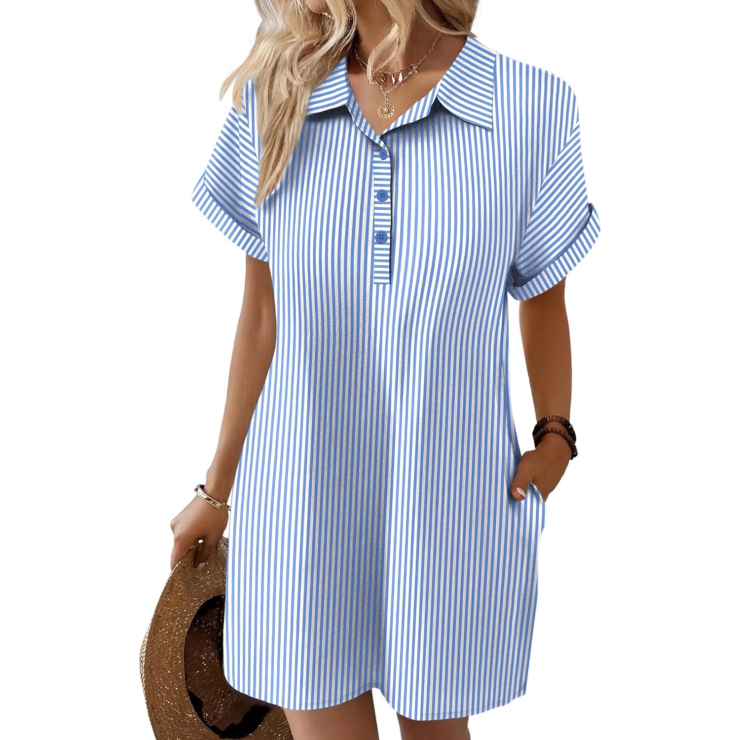 Zeagoo Womens Cotton Shirt Dress Summer Casual Short Sleeve Button Down Beach Cover Up Shirts With Pockets