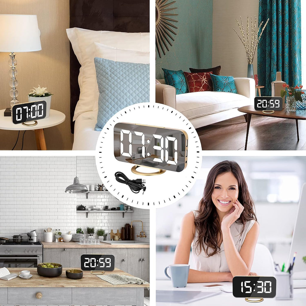 Digital Alarm Clock,Led And Mirror Desk Clock Large Display,With Dual Usb Charger Ports,3 Levels Brightness,12/24H,Modern Electronic Clock For Bedroom Home Living Room Office - Gold