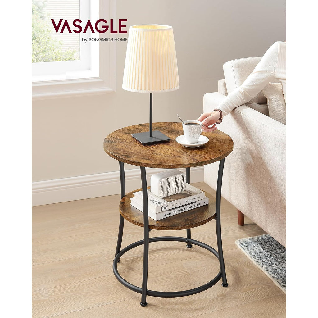 Vasagle 21.7-Inch Round Side Table, 2-Tier End Table | Nightstand With Steel Frame, Spacious Top, For Small Spaces, Living Room, Bedroom, Rustic Brown And Ink Black Ulet56Bx
