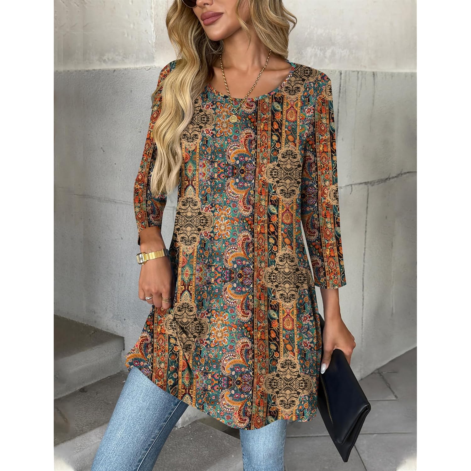 Women Tops 3/4 Sleeve Dressy Casual Plus Size Tunics to Wear with Leggings Swing Flare T-Shirt Loose Blouses