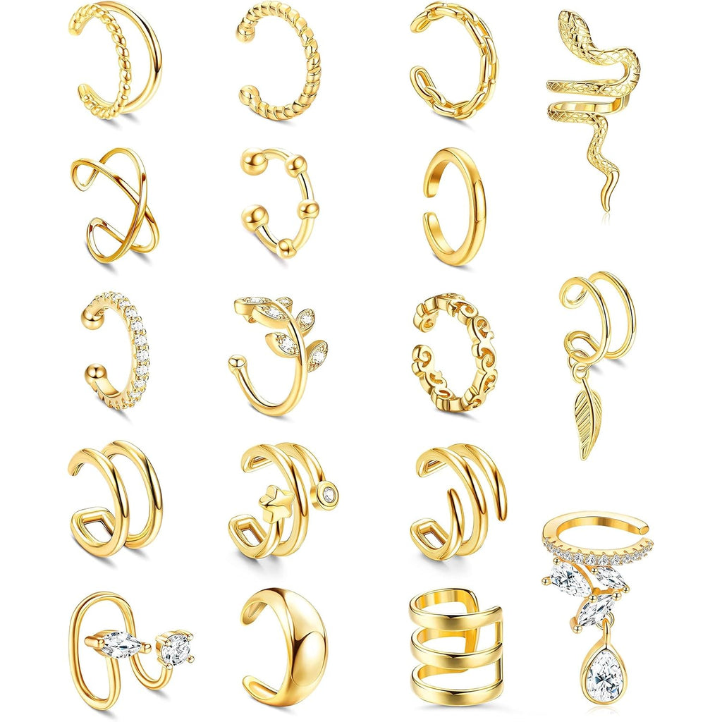 18 Pcs Ear Cuff Earrings for Women 14K Gold Plated Ear Cuffs Non Piercing Adjustable Ear Cuff Earring Clip On Cartilage Helix Wrap Ear Jewelry Set