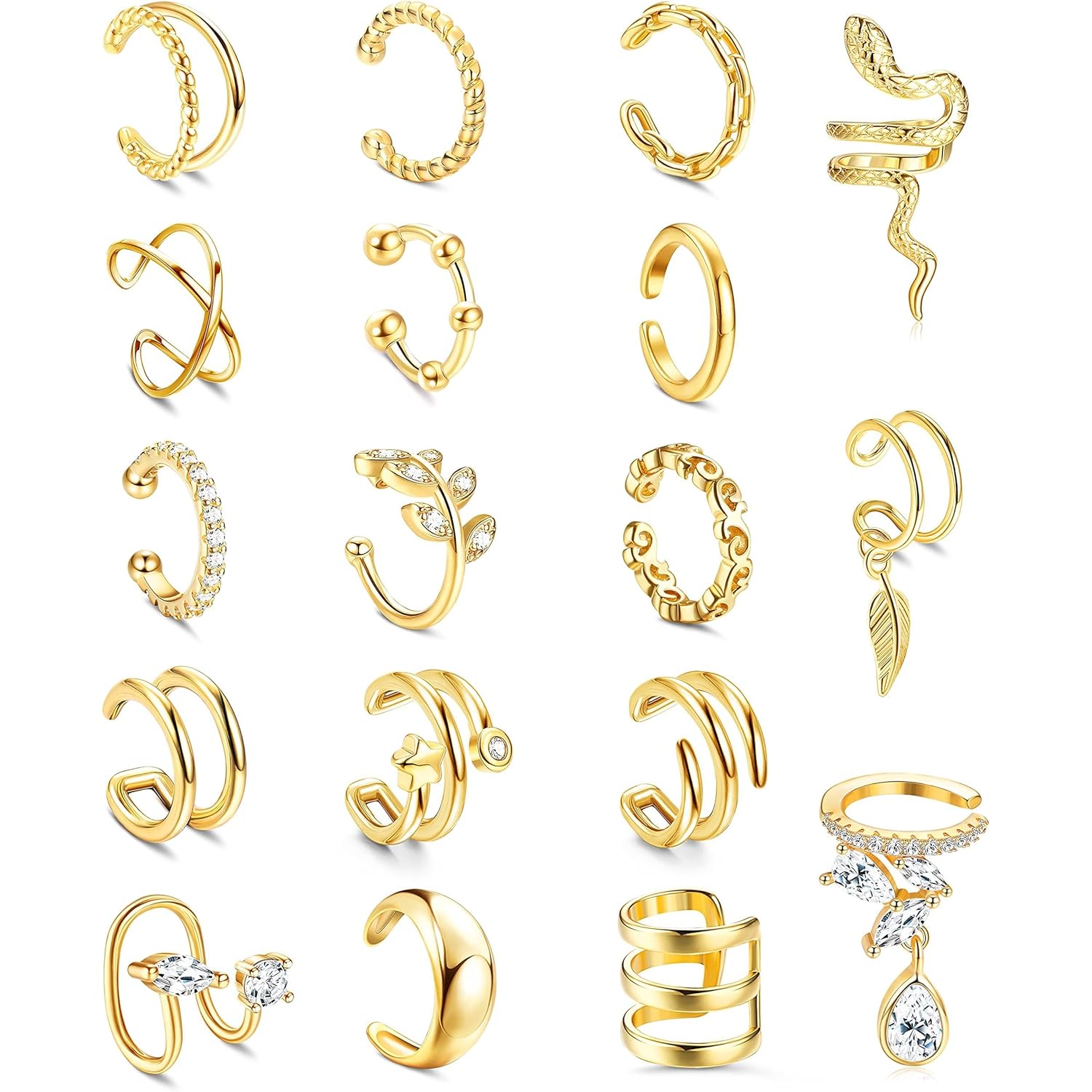 18 Pcs Ear Cuff Earrings for Women 14K Gold Plated Ear Cuffs Non Piercing Adjustable Ear Cuff Earring Clip On Cartilage Helix Wrap Ear Jewelry Set