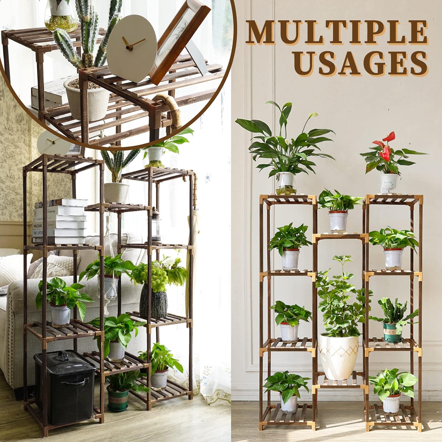 Plant Stand Indoor Outdoor, Tall Plant Shelf For Multiple Plants, 10 Tiers 11 Pot Large Plants Holder Rack Wood Plant Shelves For Room Corner Balcony Garden Patio