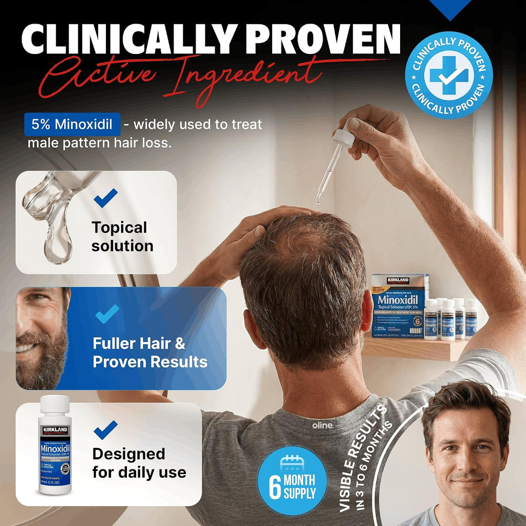 Minoxidil Liquid Extra Strength Hair Regrowth Treatment For Men, 5% Topical Solution, 6 Months Supply - Dropper Applicator And Bonus Free Instructional Guide Included