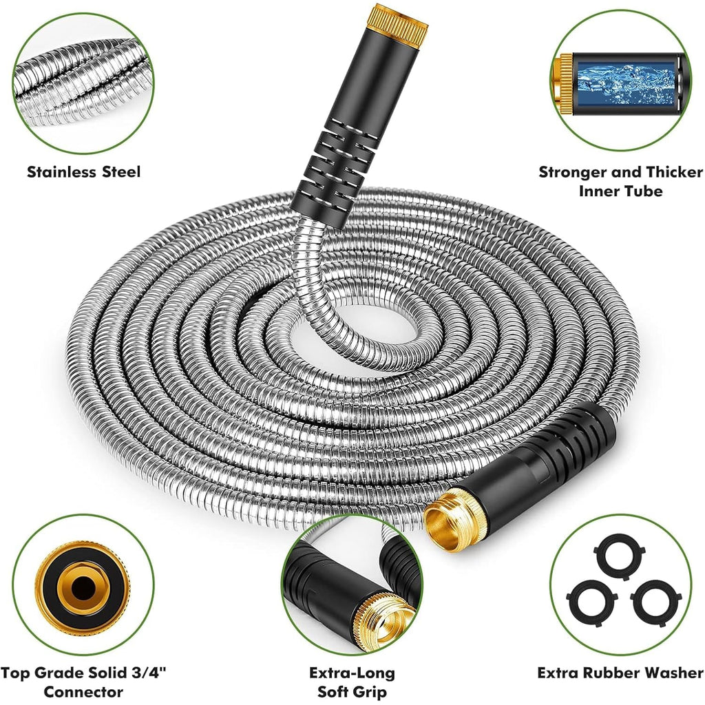 Garden Hose 50 Ft, Stainless Steel Water Hose With 10 Function Nozzle Flexible, Heavy Duty, Lightweight, No-Kink, Pet Proof, Puncture Proof Hose Metal For Yard, Outdoor