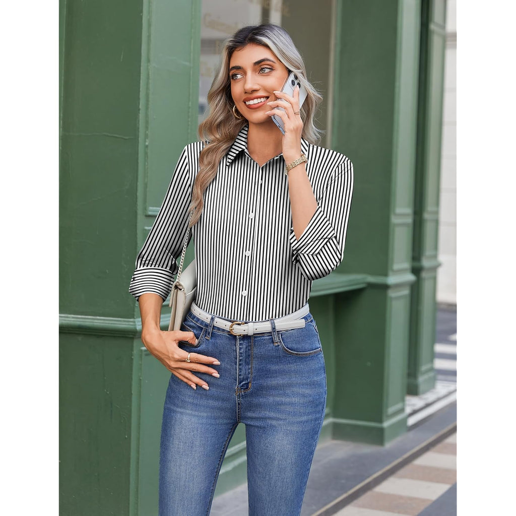 Button Down Shirts for Women Striped Collared Long Sleeve Blouses Dressy Casual Work Office Tops
