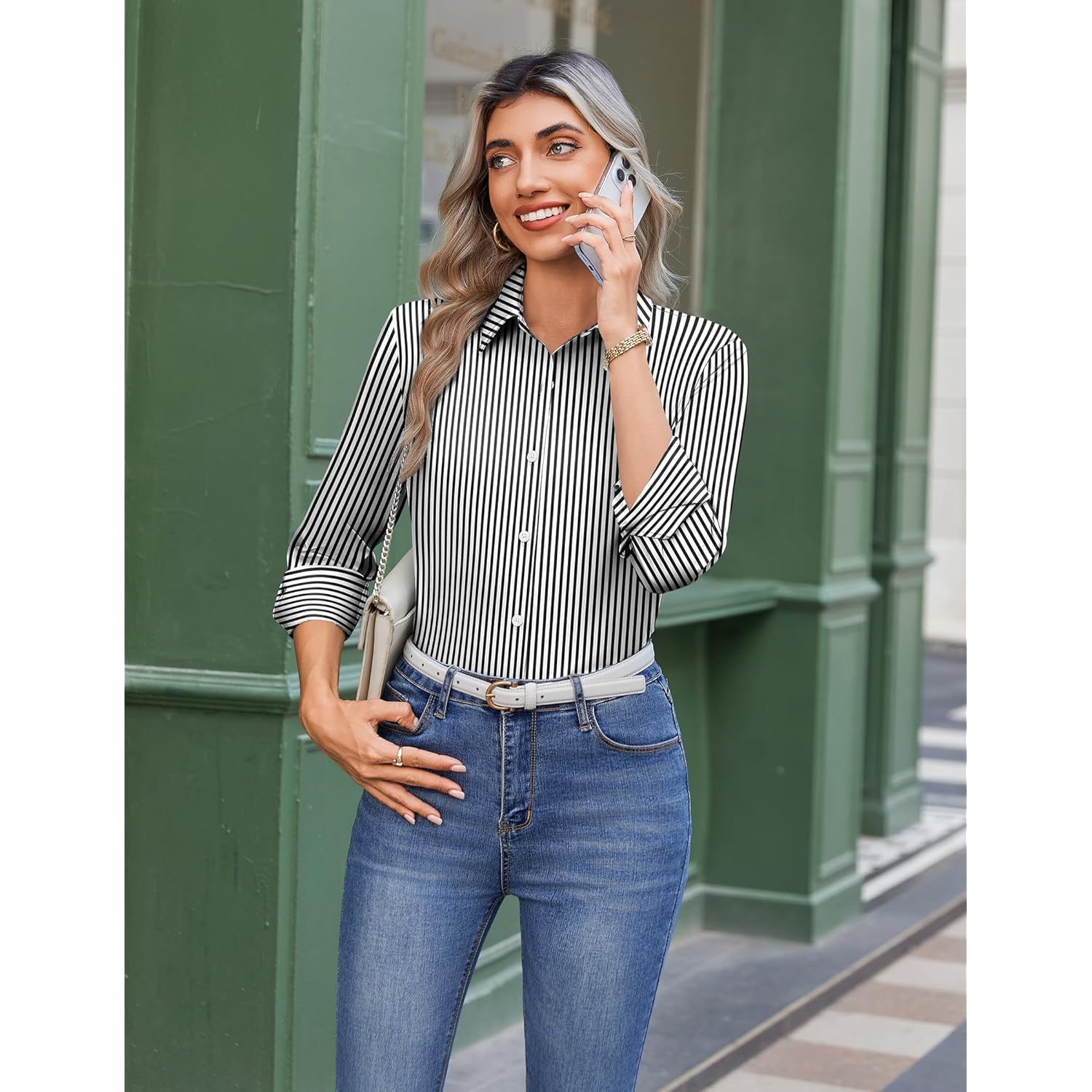 Button Down Shirts for Women Striped Collared Long Sleeve Blouses Dressy Casual Work Office Tops