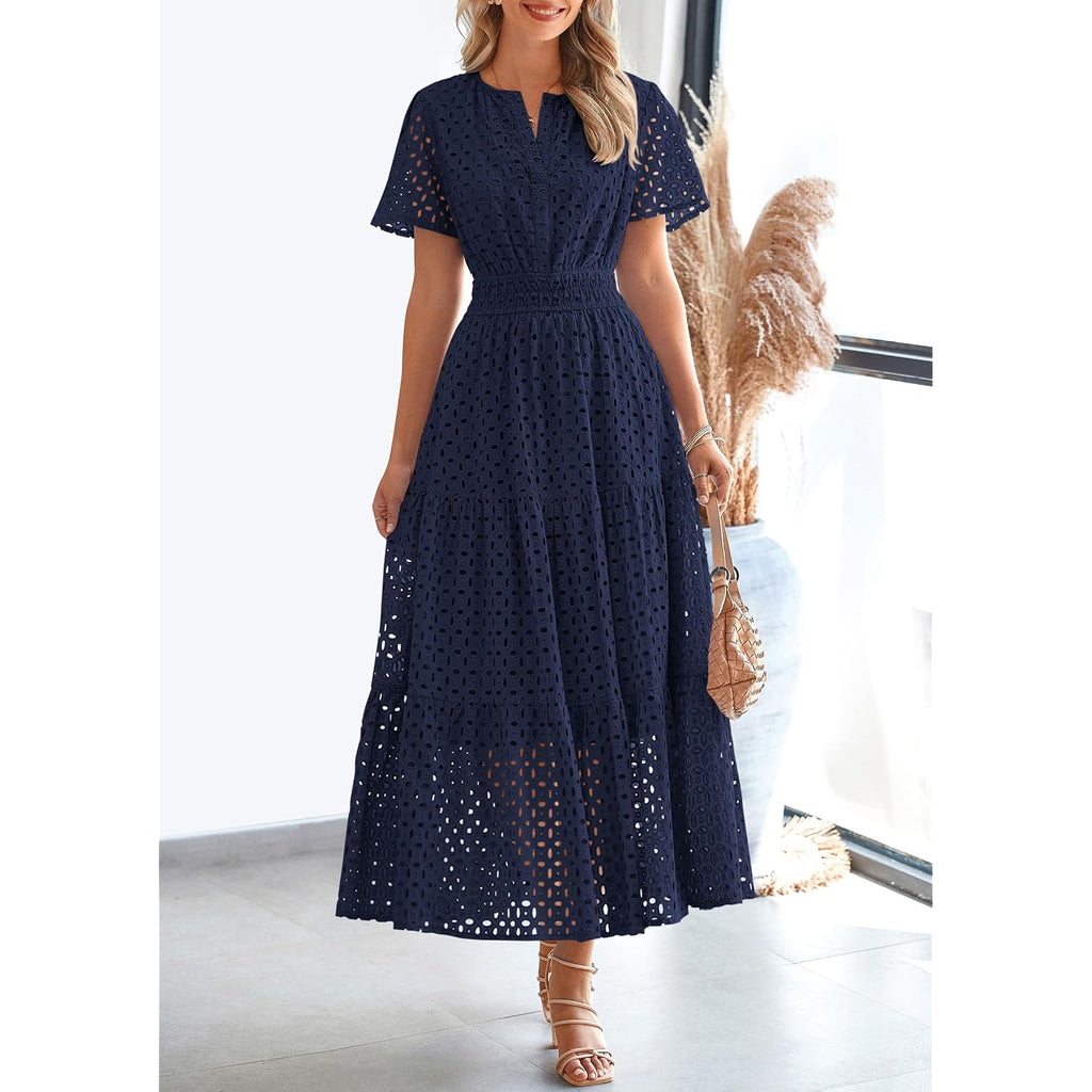 Prettygarden Womens 2026 Summer Maxi Dress Short Sleeve V Neck Hollow Out Eyelet A Line Long Flowy Beach Vacation Dresses