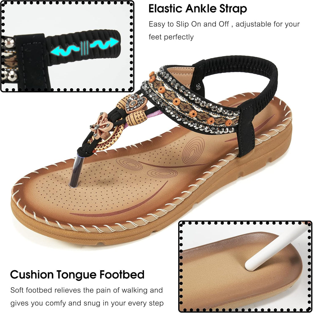 Aomigoct Sandals Women Flat Shoes: Dressy Summer Bohemian Flats Shoes For Women Sandals Comfortable Ankle Strap Outdoor Walking
