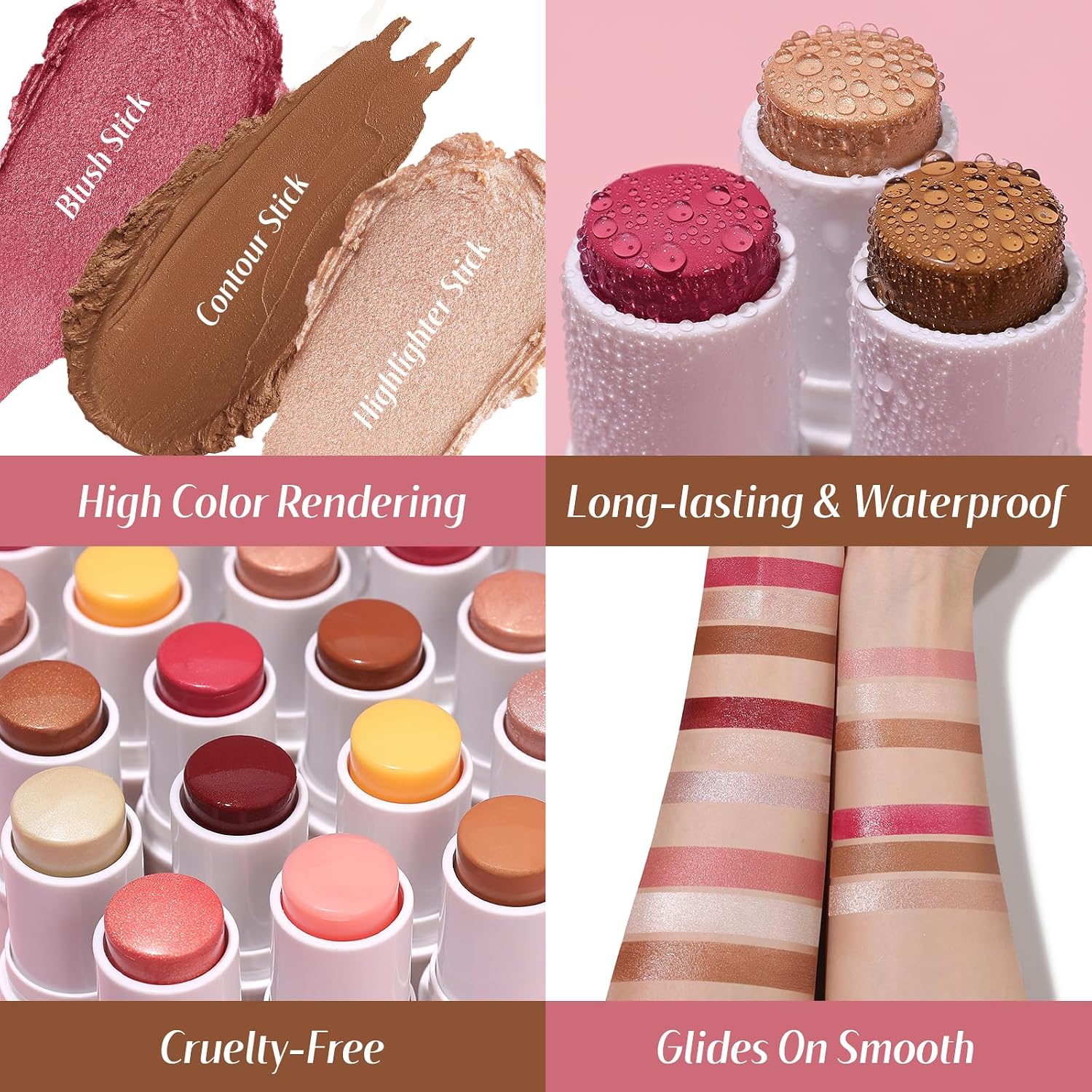 Kimuse Face Sticks Trio, Cream Blush Stick & Highlighter Stick & Contour Stick For Sculpt The Cheeks, Long Lasting Cream Contour Stick Trio For Face Makeup, With Brush