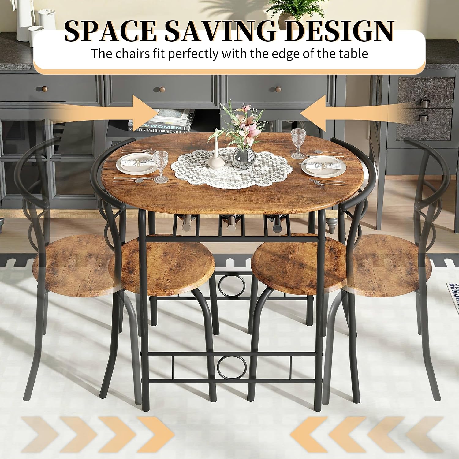 Vecelo 3-Piece Dining Table Set For Kitchen Breakfast Nook, Wood Grain Oval Tabletop And Metal Frame With Built-In Wine Rack, For Small Spaces, Antique Brown & Black