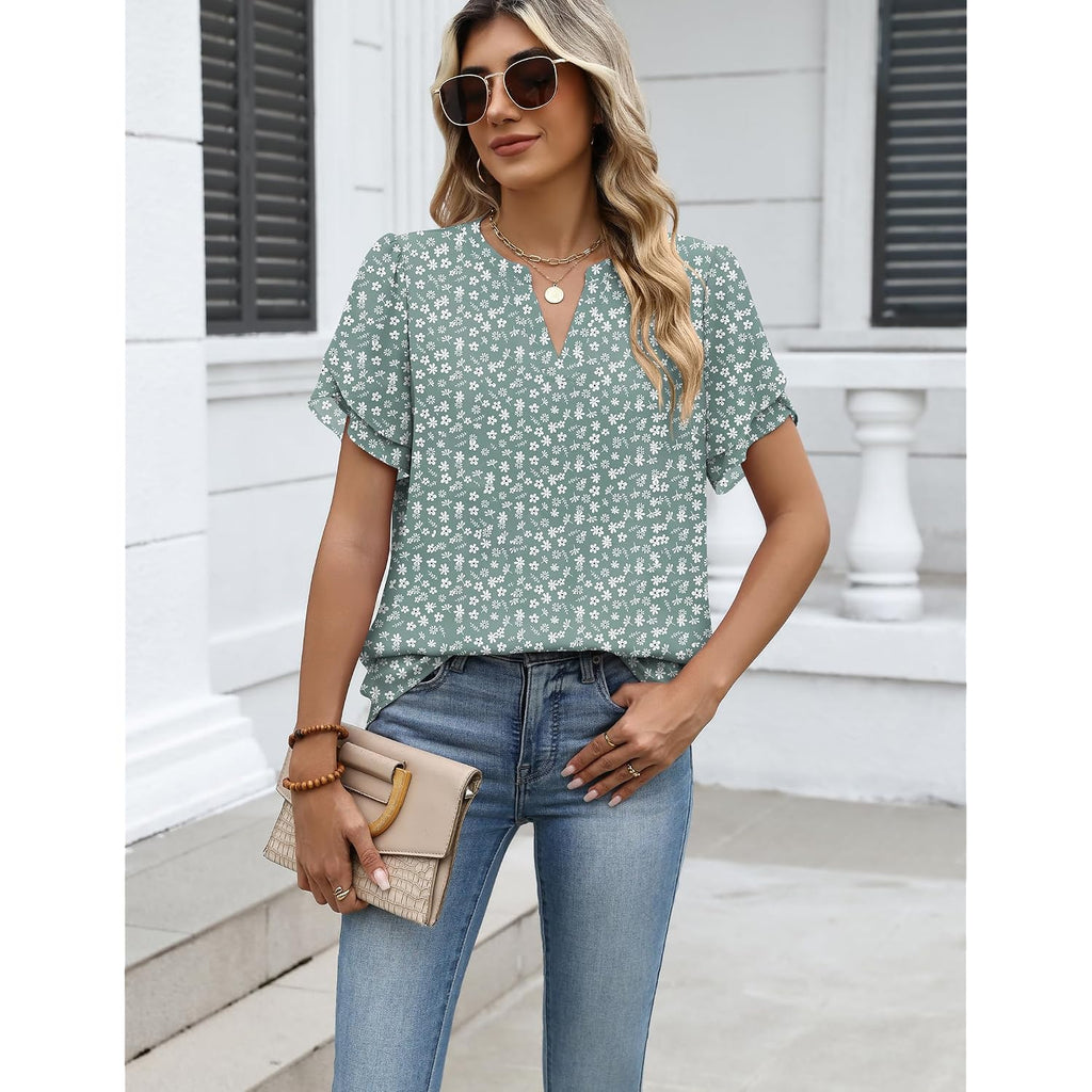 Zeagoo Womens Dressy Casual Shirts Short Sleeve V Neck Work Blouse Business Casual Summer Chiffon Tops