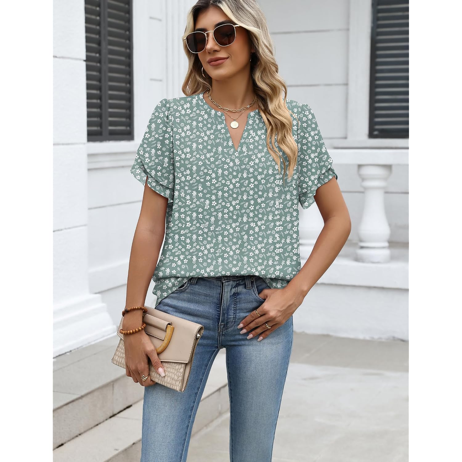 Zeagoo Womens Dressy Casual Shirts Short Sleeve V Neck Work Blouse Business Casual Summer Chiffon Tops