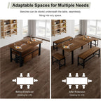 Feonase 5-Piece Dining Table Set For 4-8 People, 63" Extendable Kitchen Table With 2 Benches And 2 Square Stools, Mid-Century Modern Wooden Dining Room Table, Space-Saving, Walnut