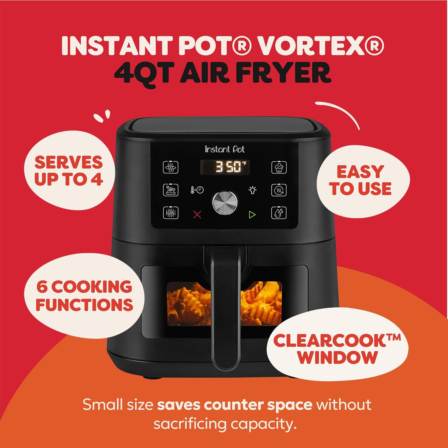 Instant Pot 4Qt Vortex 6-In-1 Mini Air Fryer, Custom Program Options, Air Fry, Broil, Roast, Dehydrate, Bake, Reheat, Black, 4 Quarts