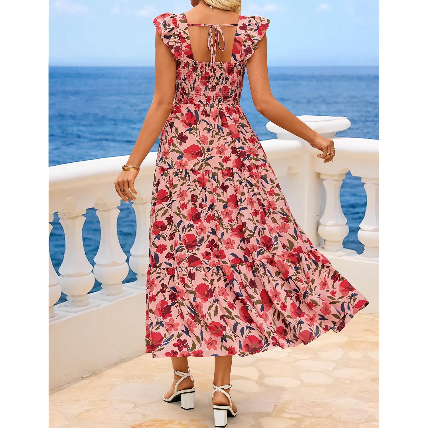 Zesica Women'S Summer Boho Floral Midi Dress 2026 Casual Ruffle Cap Sleeve Beach Wedding Guest Flowy Tiered Long Dresses