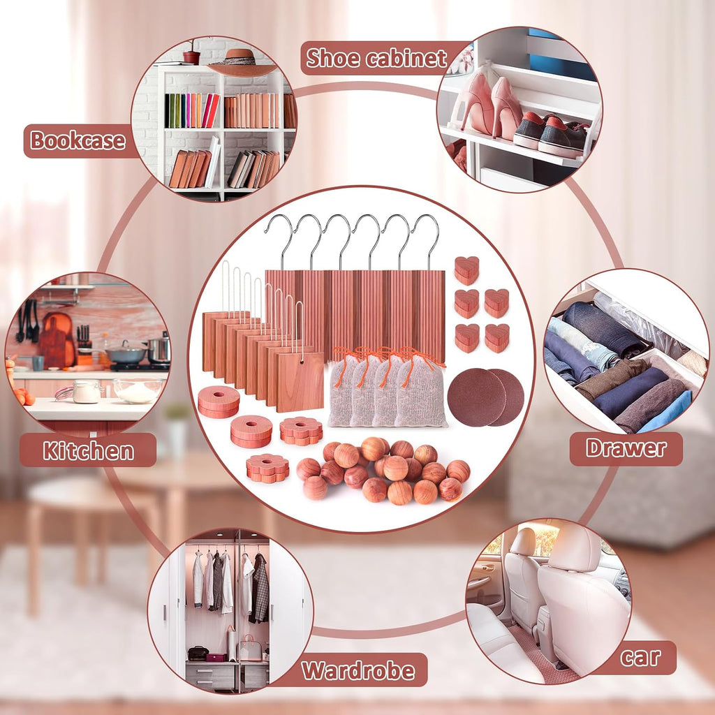 Cedar Blocks For Clothes Storage 56 Pcs, 100% Aromatic Planks With Metal Hooks, Cedar Wood Chips And Balls For Closets And Drawers, Fresh Scented Sachets