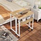 Greenforest Folding Desk With Wheels, 24.8" Rolling Table For Small Spaces | Storage Shelf, Lockable Casters, Compact Portable Workstation, Space-Saving Foldable Sofa Table, Home Office, Mobile, Oak