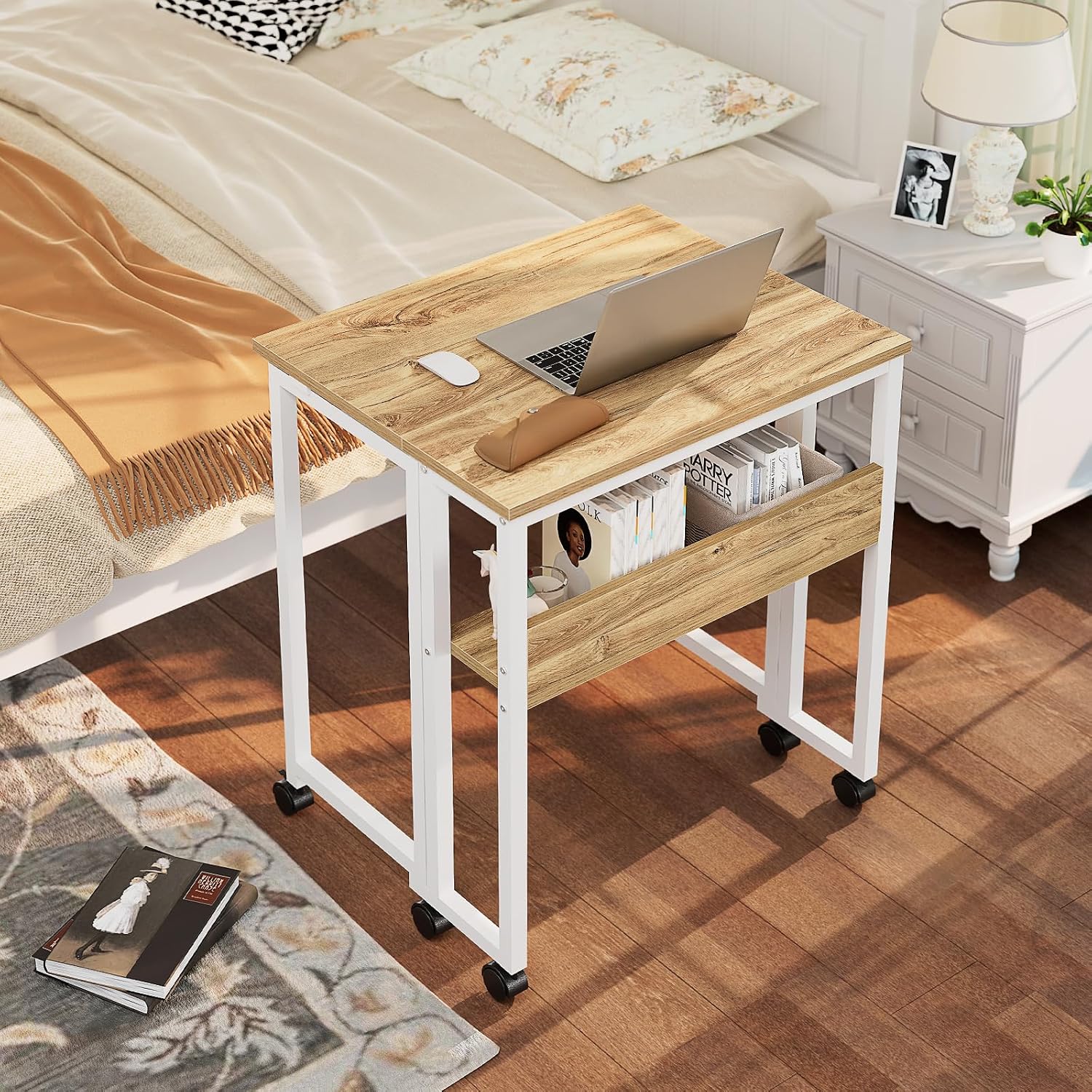 Greenforest Folding Desk With Wheels, 24.8" Rolling Table For Small Spaces | Storage Shelf, Lockable Casters, Compact Portable Workstation, Space-Saving Foldable Sofa Table, Home Office, Mobile, Oak