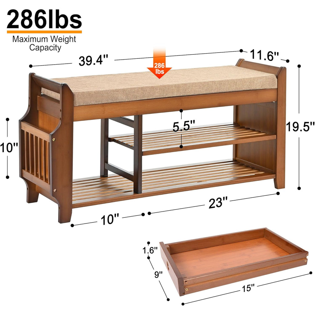 PETKABOO Shoe Bench with Hidden Drawer and Side Holder, 2 Tier Entryway Bench with Storage 39.4 in, Bamboo Shoe Rack with Cushion for Entryway Hallway Living Room Bedroom