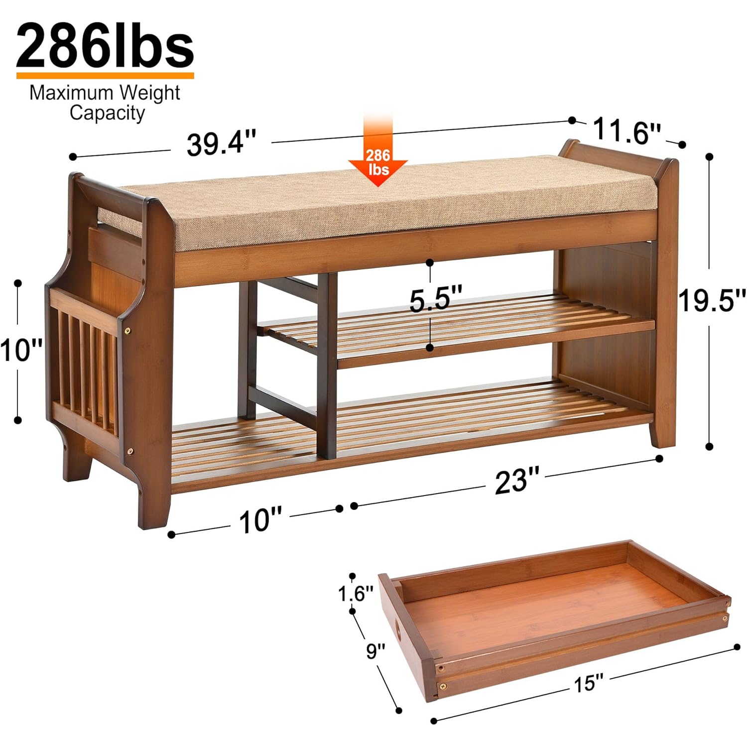 PETKABOO Shoe Bench with Hidden Drawer and Side Holder, 2 Tier Entryway Bench with Storage 39.4 in, Bamboo Shoe Rack with Cushion for Entryway Hallway Living Room Bedroom