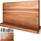 XYJ Extra Large Magnetic Knife Block Acacia Wood Knife Set Holder Stand With Stronge Magnetic Strip Kitchen Knives Storage Rack Organizer Tools No Drilling