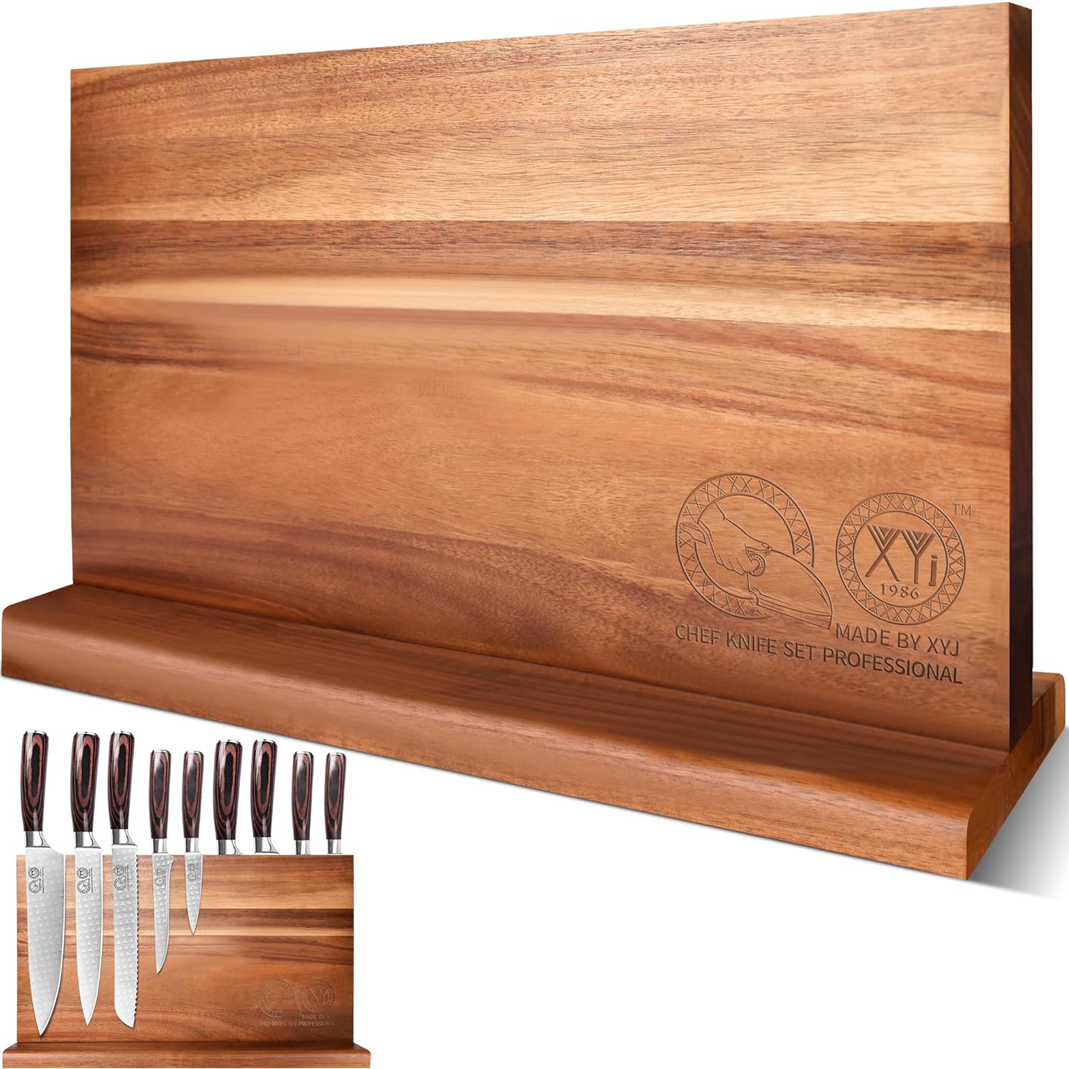 XYJ Extra Large Magnetic Knife Block Acacia Wood Knife Set Holder Stand With Stronge Magnetic Strip Kitchen Knives Storage Rack Organizer Tools No Drilling