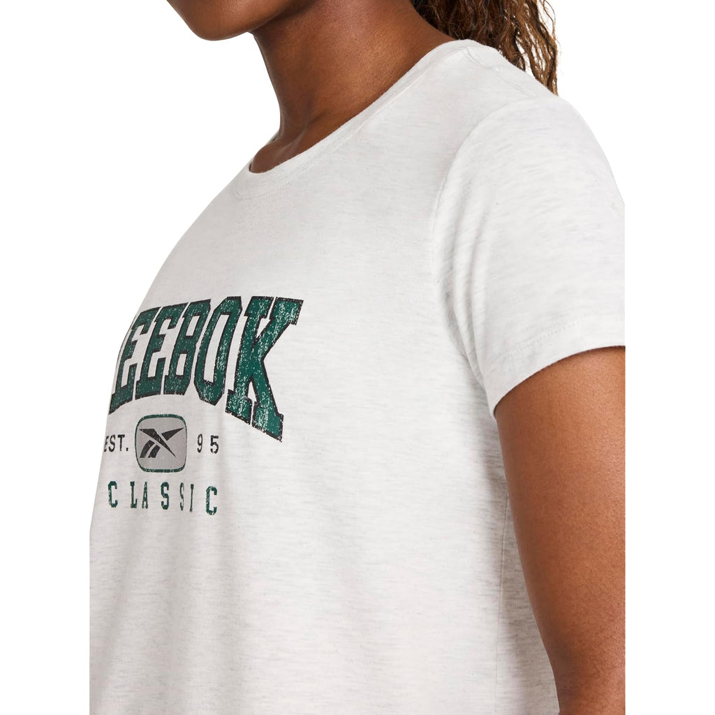 Reebok Women's Classic Athletic Graphic Crewneck Cropped T-Shirt Egret Heather/Pineneedle