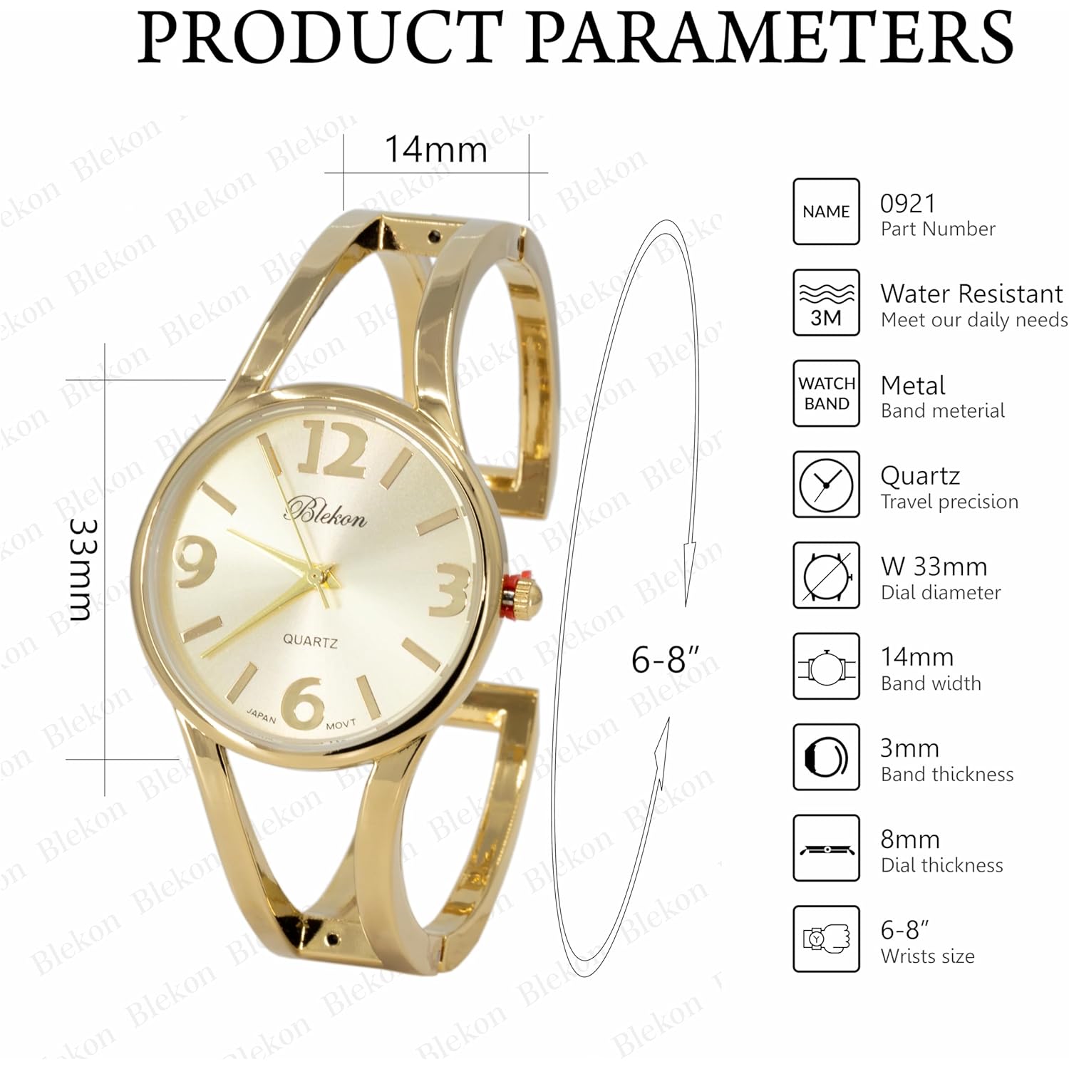 Collections Women's Elegant Analog Quartz Watch - 33mm Case, Casual Metal Cuff Bangle Design, Adjustable Fit for 7-8 Inch Wrist Size