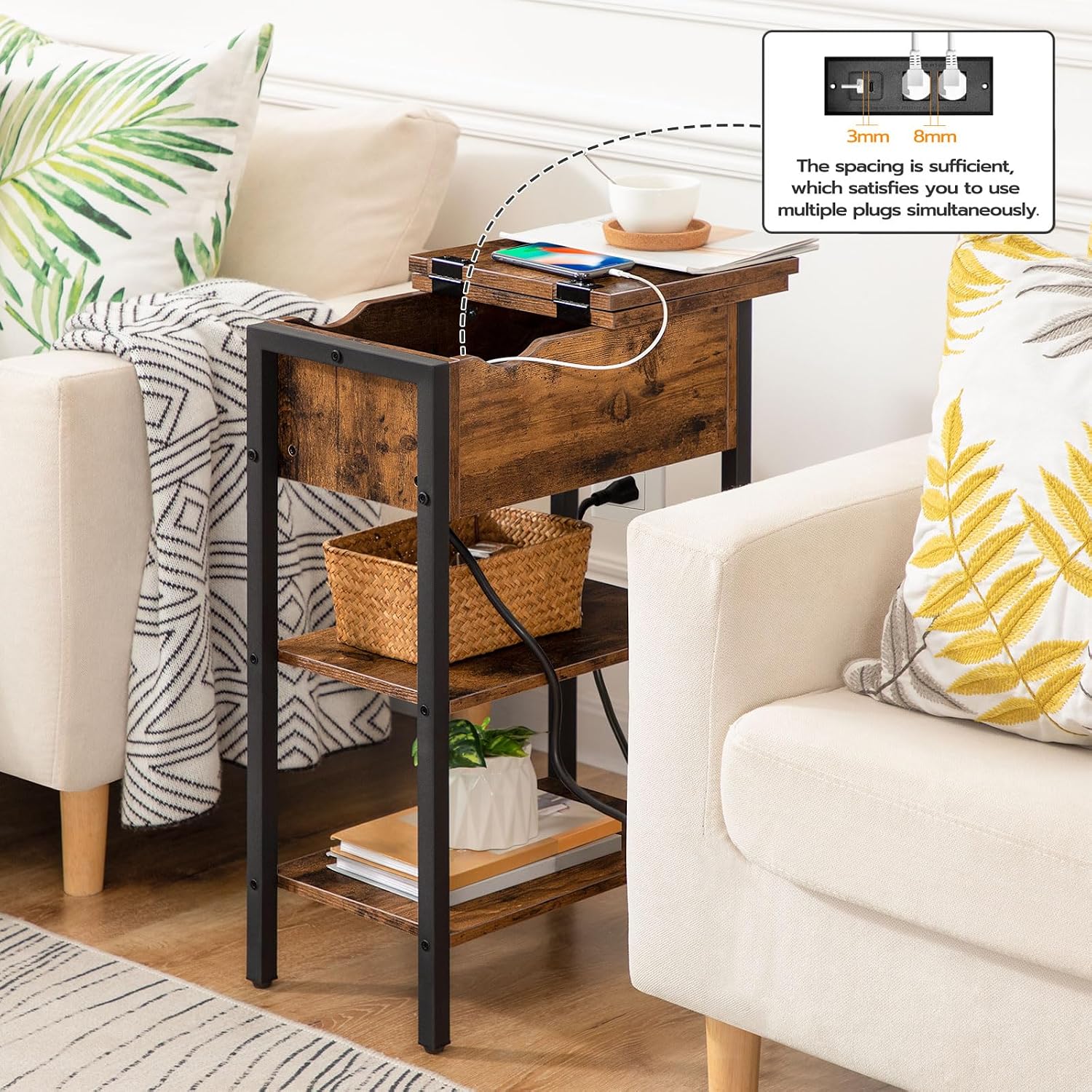 Hoobro End Table With Charging Station, Narrow Side Table, Flip Top Nightstand With Usb Ports And Outlets, Bedside Tables With Shelf For Small Spaces, Living Room, Rustic Brown Bf341Bz01